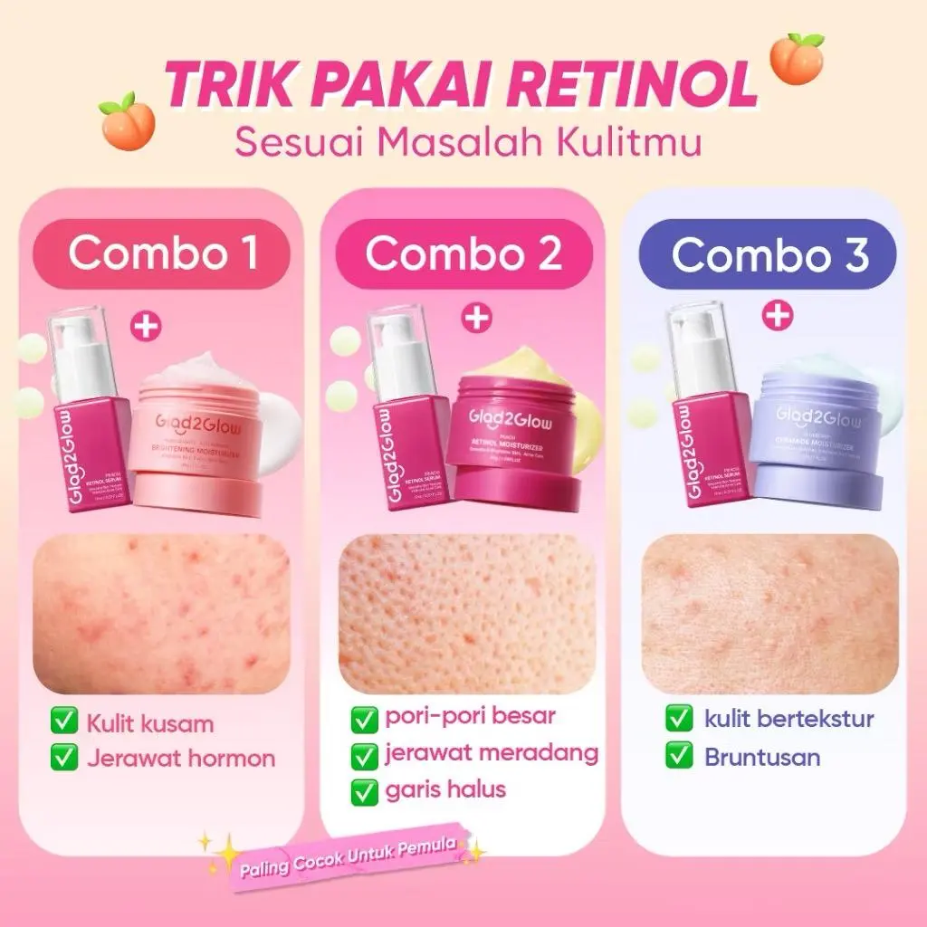 Glad2Glow COMBO Peach Retinol Serum 17 ml dan Moisturizer Retinol Pomegranate dan Blueberry