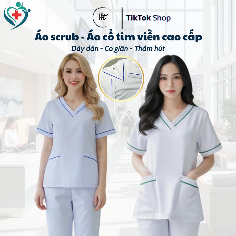  Áo blouse trắng cổ tim chui viền Xanh Lá Xanh Dương Loại cao cấp vải cottong lạnh Hàn Quốc cho NỮ dược sĩ điều dưỡng spa thẩm mỹ viện 