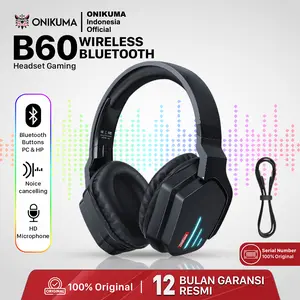 ONIKUMA B60 Headset Gaming Wireless Bluetooth Hitam Original dengan Teknologi Pengurangan Kebisingan & Microphone HD Garansi Resmi 12 Bulan - Earphone