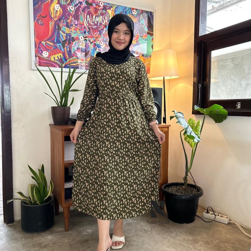 Midi Dress Flowers Busui Frendly Santai Rayon Premium Motif Bunga Cantik Nyaman Menyusui Muslim Baju Gamis Casual Katun Panjang Samping Lembut 5