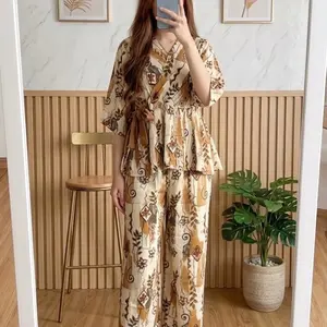 [GUMOYO] One Set Kimono Floral / Setelan Celana Panjang Wanita / Homewear Stylish Motif Pita Side Tie