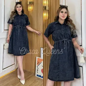 Chacha Dress (Terbaru) _ Jeans Wanita Jumbo Casual Stylish Kerah Lengan Pendek Kancing Depan Busui Free Tali Pinggang
