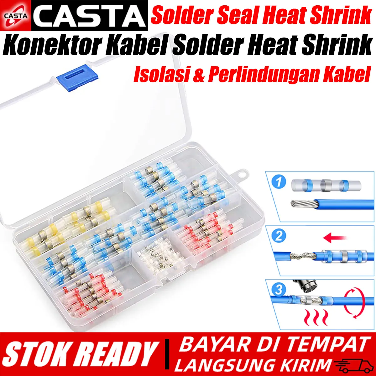 CASTA Set Konektor Heat Shrink Solder Seal Waterproof Isolasi Kabel Listrik 2:1 Cepat Praktis dengan Kotak Penyimpanan 50PCS 100PCS