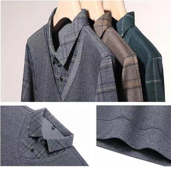 Product Introduction of Men's silk fabric fake two POLO loose grid solid color casual T-shirt with silk print top Menswear Lingerie 3