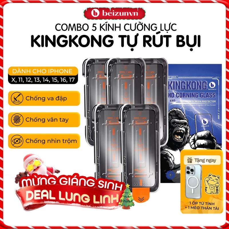 Beizun Combo 5 Kính Cường Lực KINGKONG GLASS Khung Tự Dán Tự Rút Bụi Viền Cong 2.5D Siêu Mượt | Trong Suốt Chống Nhìn Trộm | Chống Va Đập Chịu Lực Tốt|Bảo Vệ Màng Loa Chống Bám Bụi iPhone 7 - iPhone 17 Promax |TẶNG Ốp Chống Sốc + Mèo Thần Tài