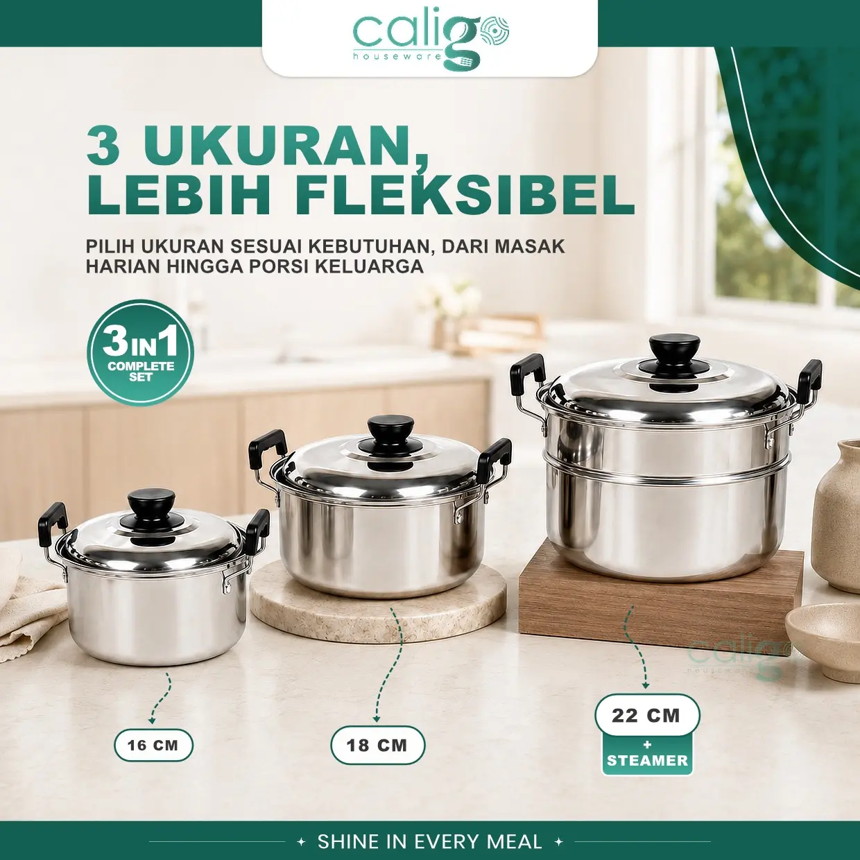 Caligo Panci Stainless Steel Set Alat Masak Kukusan Steamer Multifungsi untuk Rebus atau kukus Varian 2in1(20CM+24CM) / 3in1(16CM+18CM+22CM)