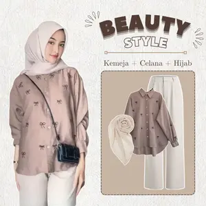 One Set Wanita Korean Style (Kemeja Pita + Loose Pants + Jilbab Bella Square) Setelan Outfit Kekinian Nyaman - LT130