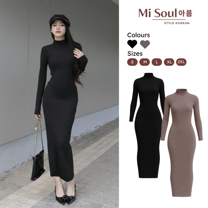  Váy Len Ôm Dáng  Dài  Ôm Xẻ Phía Sau  Không Xẻ Cổ 3 Phân  Cổ Tròn Chất Len Lông Thỏ Misoul Váy Maxi Mùa Đông Ôm Body Dài Tay MiSoul 360 Nữ Women Dress Đen 