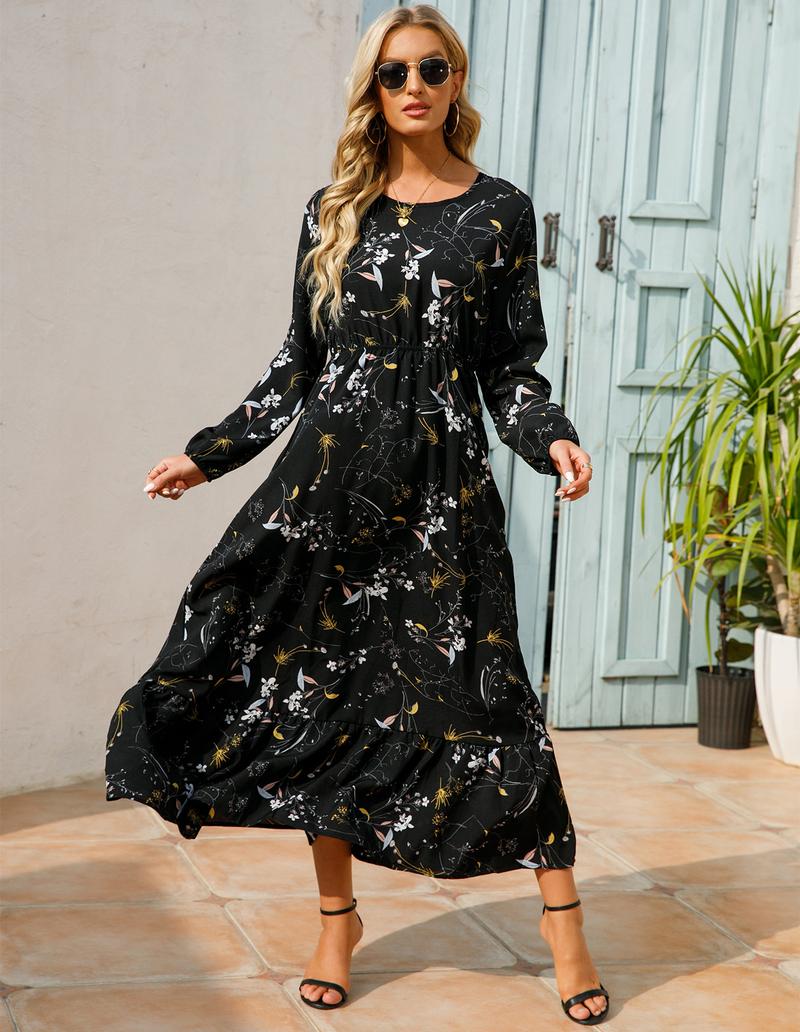 Product Introduction of Cross-Border Foreign Trade Spring and Autumn Floral Chiffon Dress Waist-Controlled Slimming Long Sleeve round-Neck Long Printed Dress Women's 23