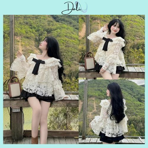 Áo Trễ Vai Ren Bánh Bèo Nhiều Tầng Kèm Tag Nơ Sang Chảnh