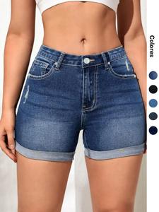 Shorts de mezclilla rasgados con bolsillo para mujer, Shorts de mezclilla elásticos casuales para uso diario, Ropa de verano para damas, Ropa de mujer