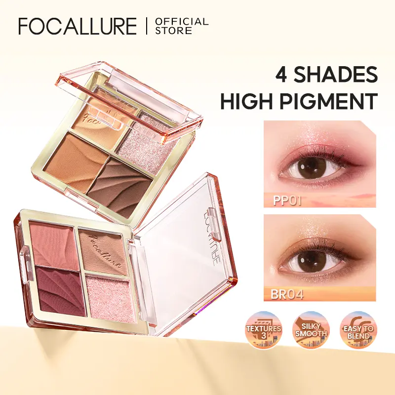 FOCALLURE#AmberGold Streamer City Amber Eyeshadow Palette 4 Shades 3 Textures High Pigment Silky Smooth Easy To Blend Long Wear Waterproof Easy To Take FA314
