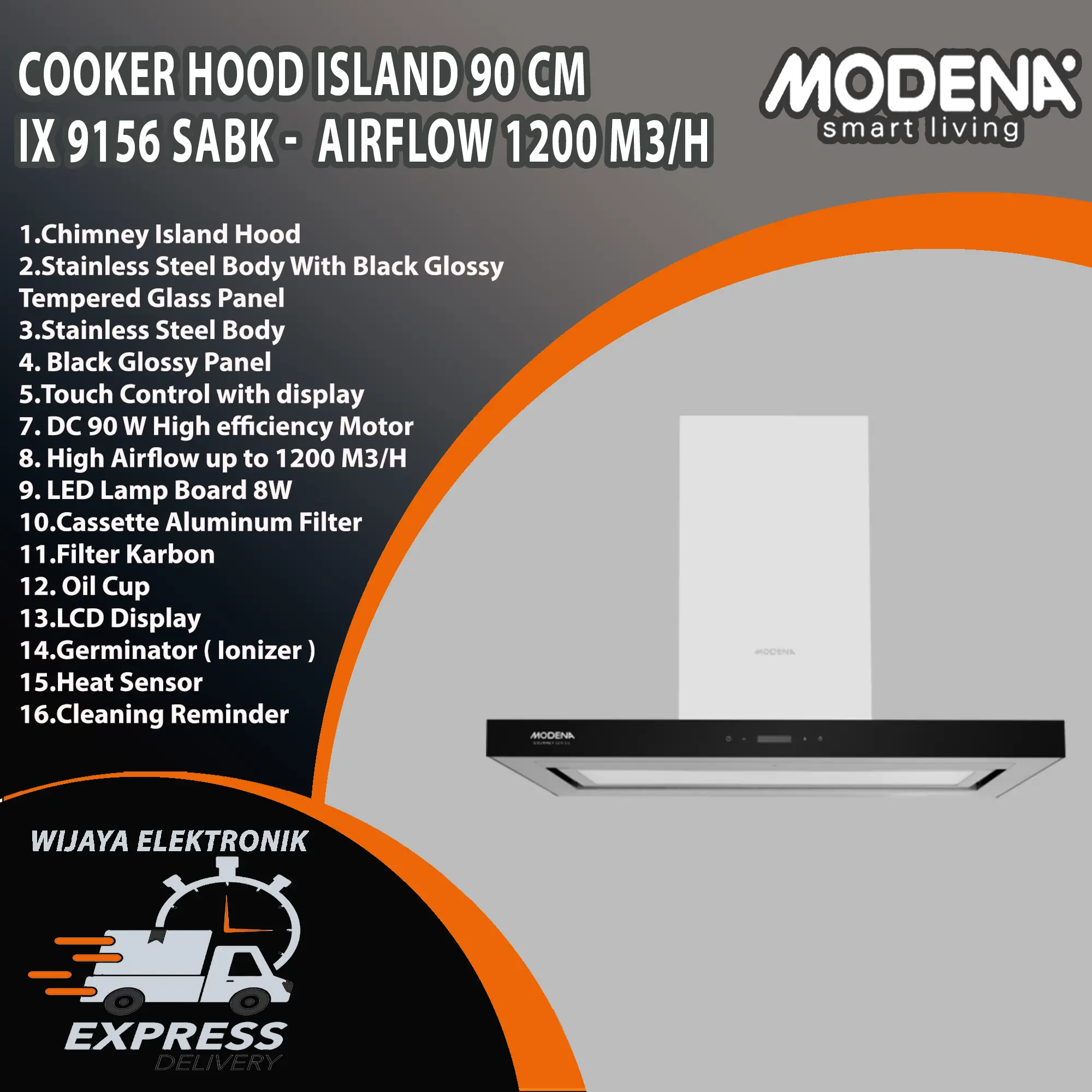 MODENA IX 9156 SABK - Cooker Hood Island 90cm With Head Sensor Bergaransi Resmi / Modena IX9156SABK / Island 90cm Ix 9156 sabk