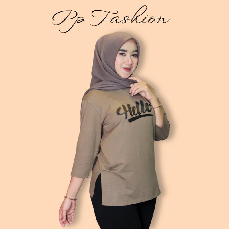 Kaos Oversize Slit Kaos High Slit Katun Spandek Rayon With Sablon Hello  Kerah Bulat Nyaman Panjang Oblong Tangan 7/8 3