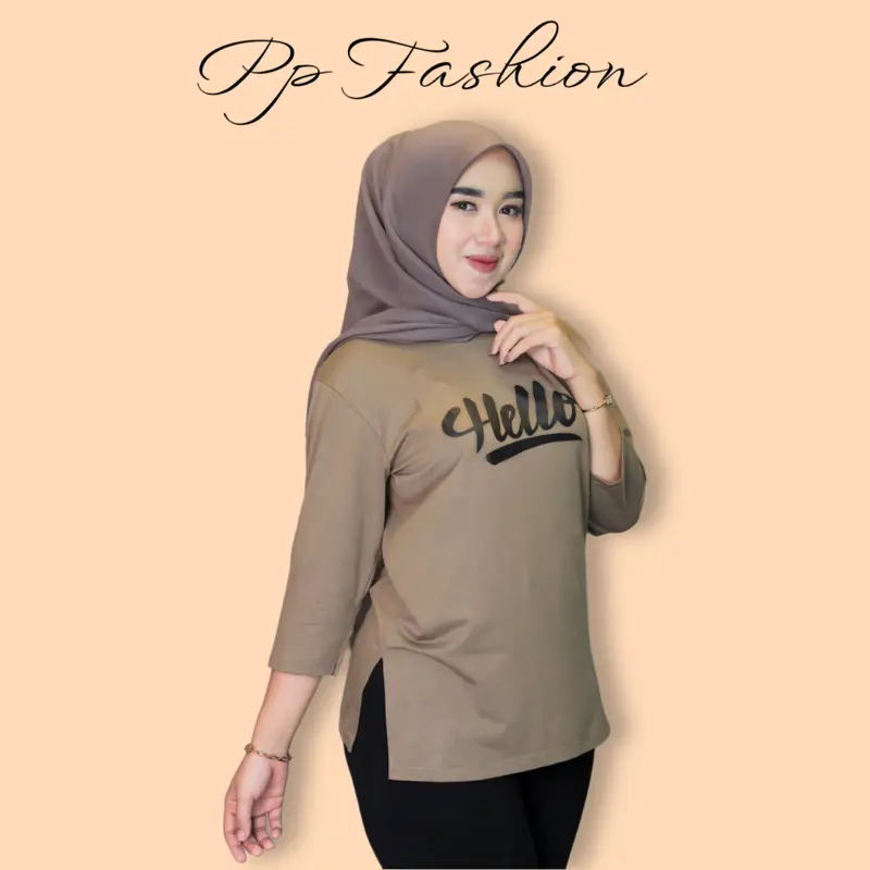 Kaos Oversize Slit Kaos High Slit Katun Spandek Rayon With Sablon Hello  Kerah Bulat Nyaman Panjang Oblong Tangan 7/8 3