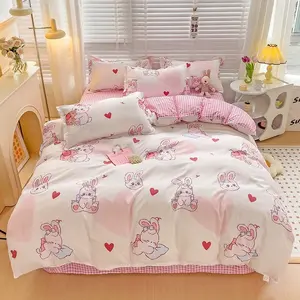 Cartoon Style Bed Sheet Set For Kids Cute Bunny Printed Bedding Set Breathable Durable ?????????? ????? ???? Queen/King Bedding - bodianxiong King 4pcs