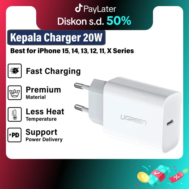UGREEN Kepala Charger Fast Charging 30W 25W 20W 10W for iPhone 16 15 14 13 12 11 XR XS X 8 7 6 Pro Max Plus 0