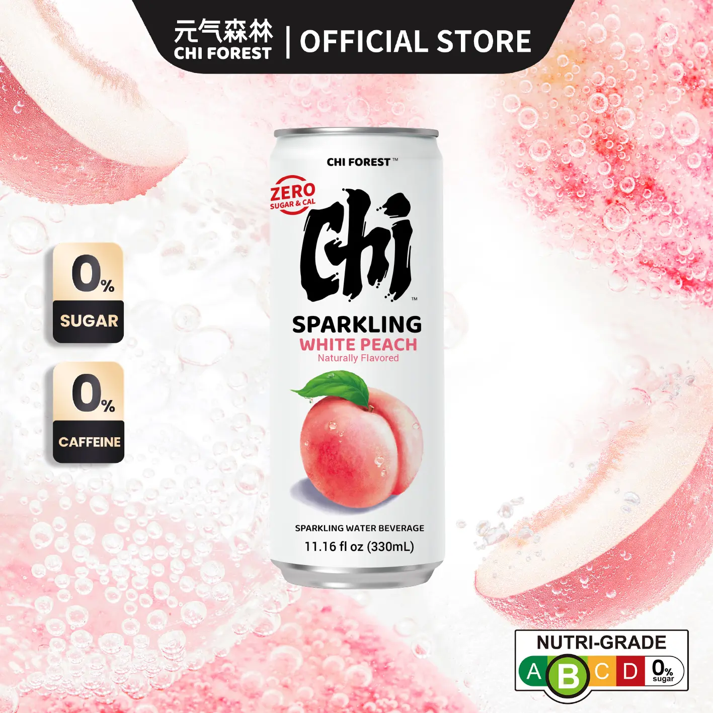 Chi Forest Sugar Free Soda Sparkling Water White Peach 330ml (Can Drinks)
