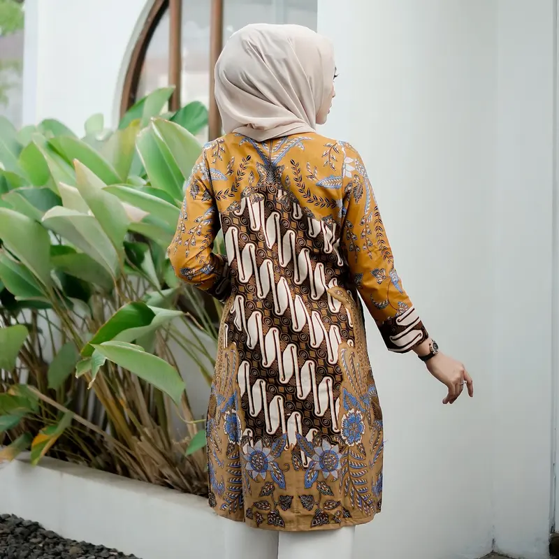 Batik Trikot_Batik Couple Lapis Furing Trikot Model Lengan Panjang Katun Motif Monalisa Coklat Jumbo S/M/L/XL/XXL/XXXL/XXXXL Busui Frendly Baju Tunik Wanita Atasan Kerja 4