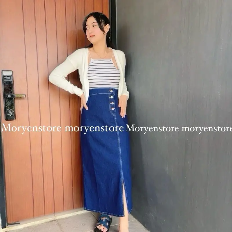 (EXCLUSIVE CI FEBY X MORYEN) rebecca rok jeans panjang rok jeans kancing belah depan rebeca rok skrit jeans span kamila rok jeans wanita berhijab 2