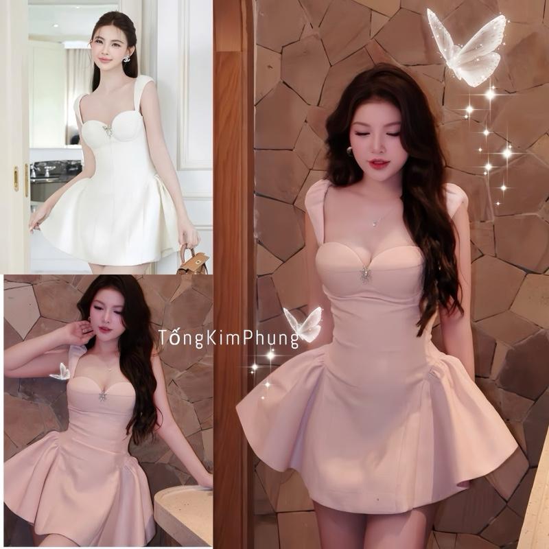Ðầm Cúp Dây Bảng Nhún Tùng Xoè Đính Charm Nơ Sang Chảnh Tiểu Thư