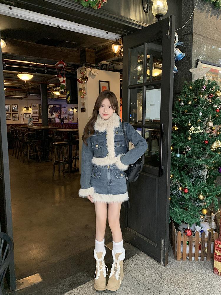 Product Introduction of Fujia Qianjin-Áo Khoác Denim Chần Bông Dày Lót Lông Cừu Cho Nữ, Váy Cạp Cao, Trang Phục Thời Trang Mới Mùa Đông 2023 25