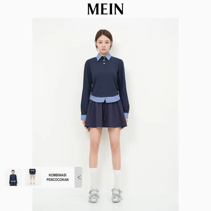 [MEIN Premium]URBAN Atasan Kerah Polo Lengan Panjang Atasan Wanita Kekinian Desain Kombinasi Gaya Dua Lapis 92048 1