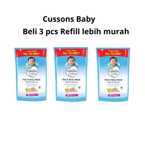 Cussons Baby Hair & Body Wash Mild & Gentle 200ml Refill (3PCS) - Sabun Mandi Bayi Organik Oat & Pro Vitamin B5 - Kulit Sensitif Perawatan