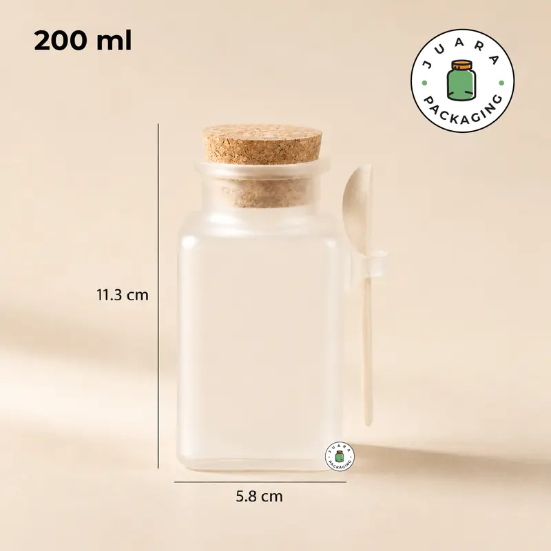 Botol Acrylic Kotak 100ml 200ml dengan Tutup Gabus & Sendok Kayu – Botol Plastik Buram Estetik untuk Lulur, Masker, Body Scrub, Makanan, Kemasan Spa & Hampers