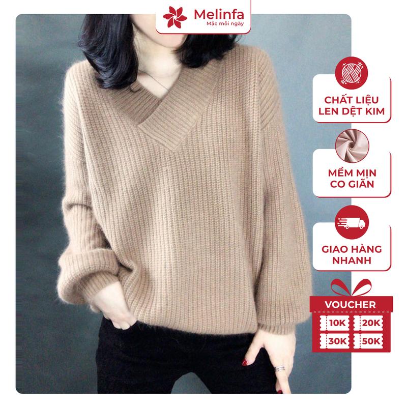 Áo len nữ cổ tim dài tay dáng thụng dày dặn mềm mịn co giãn thoải mái thời trang Hàn Quốc mùa thu đông mã A0206