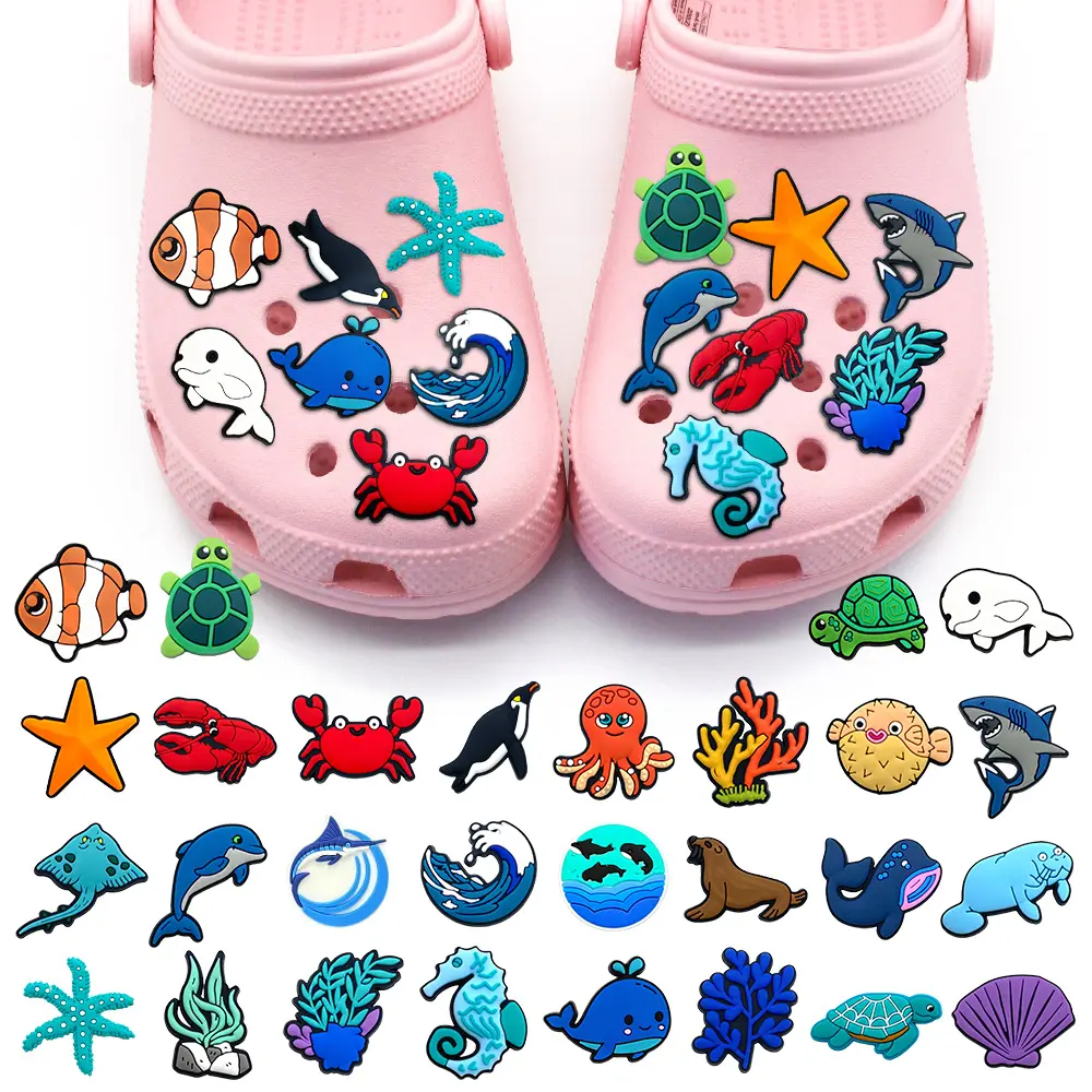 Kebaruan 1 pcs hewan laut biru diy kartun hiu penguin hiu sepatu tempelan pvc aksesoris sepatu sandal pin gesper menghias anak -anak hadiah lucu hadiah lucu