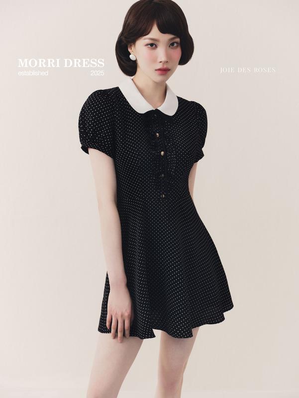 JOIE DES ROSES - Váy liền chấm bi dáng xòe cổ sen trắng tay ngắn bồng phối nơ MORRI DRESS