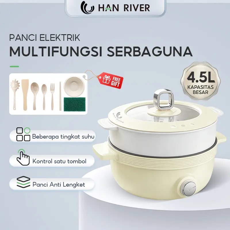 [crehom]HAN RIVER Panci Listrik 4.5L Kris Anti Lengket Multifungsi 2 Tingkat Kukus Rebus Porsi Keluarga Besar