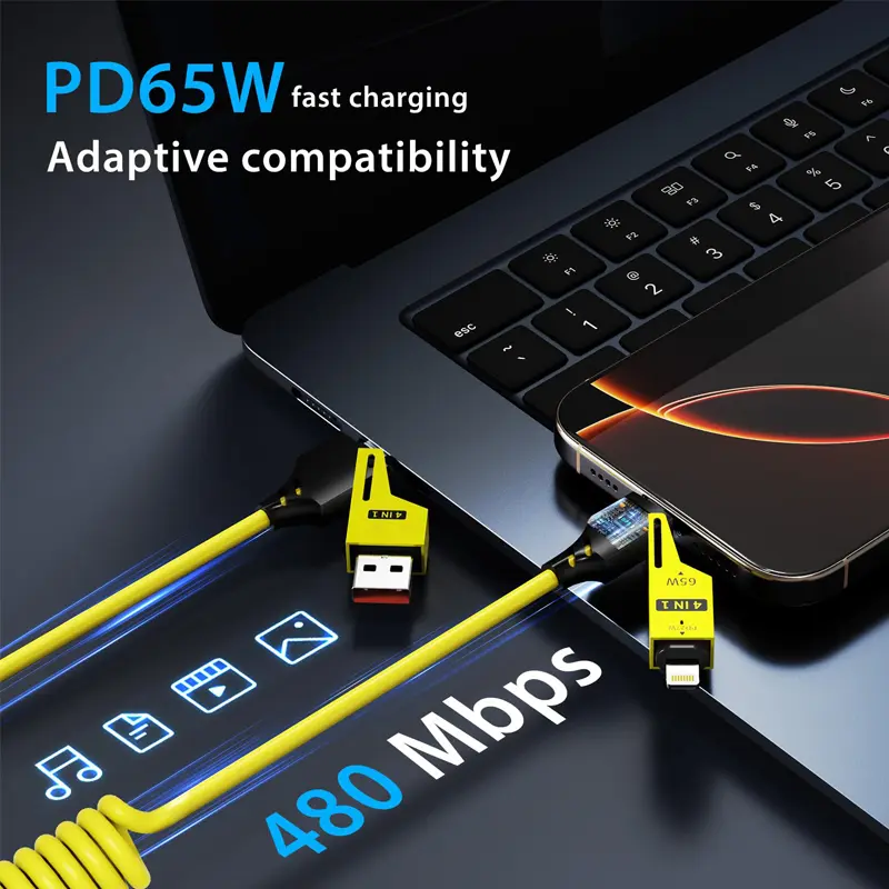 Cáp sạc nhanh USB-C sang Lightning / Type-C, 4 trong 1, Sạc nhanh 65W, Tương thích với Car Play và Android Auto, Thiết kế nhỏ gọn, Sạc nhiều thiết bị, Thích hợp cho iPhone, iPad, Samsung và nhiều thiết bị khác 3