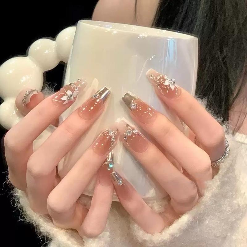 Mã TK-508 Bộ 10 nails Thiết kế sơn Gel mới form thanh dài vừa màu thạch nâu cam kèm keo dán