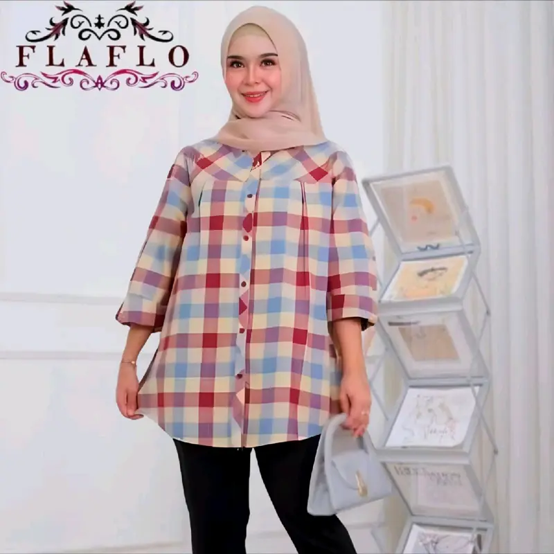 FLAFLO Blouse jumbo LD 120 kemeja kerja kotak kotak kekinian muat 85 kg Baju Atasan Panjang Katun Wanita Muslim lengan panjang 7