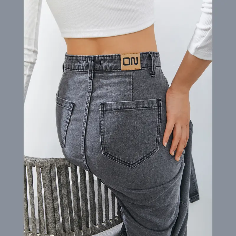 Onetta -  HARPER (Light Grey) - Rok Jeans  Maxi Panjang  Denim Wanita  Kerja High Waist A Line Hijab Friendly Motif Kancing 4