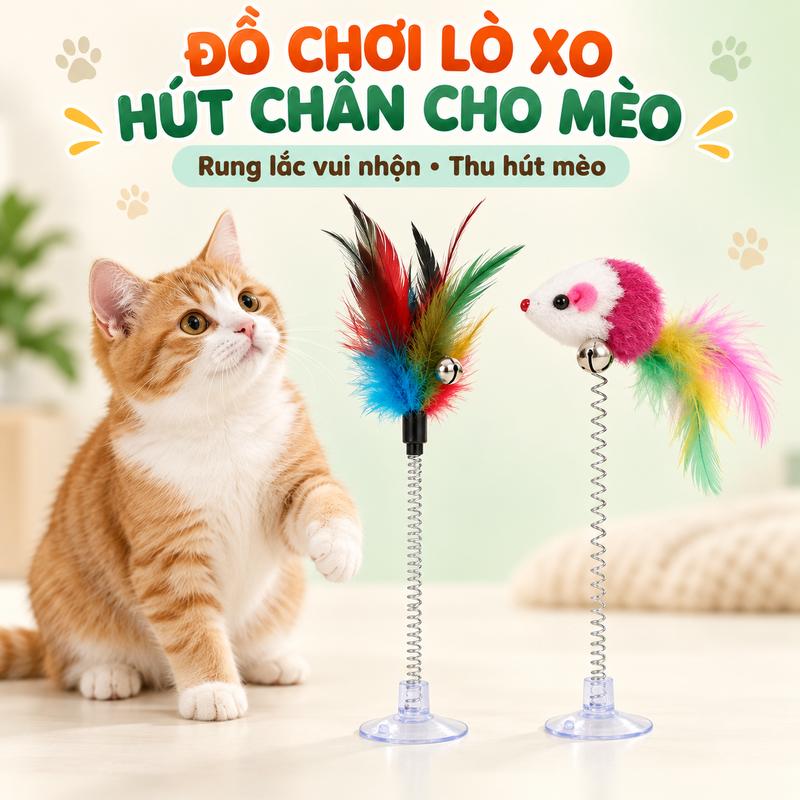 Đồ Chơi Cho Mèo Lò Xo Lông Vũ, Chuột Lông Vũ Có Đế Hút Dính Sàn, Đồ Chơi Tương…