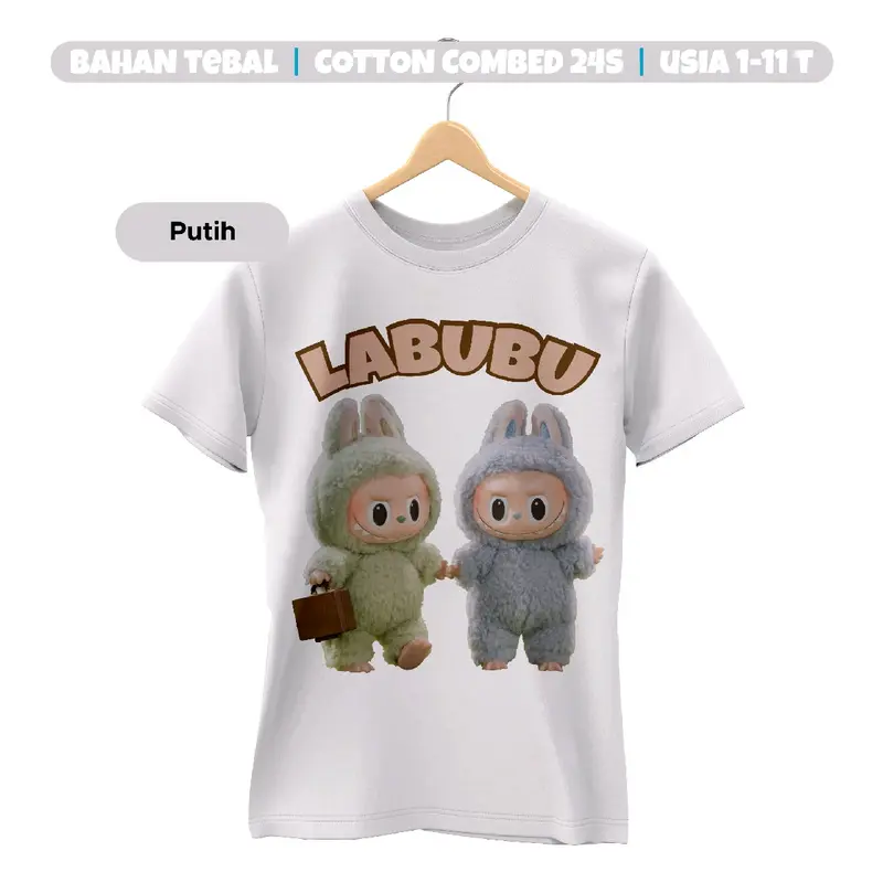 Kaos Anak Cewek Cowok Labubu 2 Katun Combed 24s 1-11 th Kain Tebal Cotton Perempuan 3