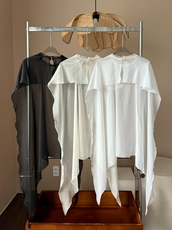 Áo khoác choàng voan tơ phối ren cổ mỏng nhẹ mặc được hai kiểu Ảnh thật/Sẵn