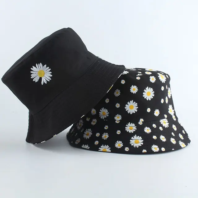 Topi Bucket Dua Sisi Anti Uv Motif Bordir dan Sablon Bunga Daisy Bahan Drilll / Daisy 002 anak dewasa 5