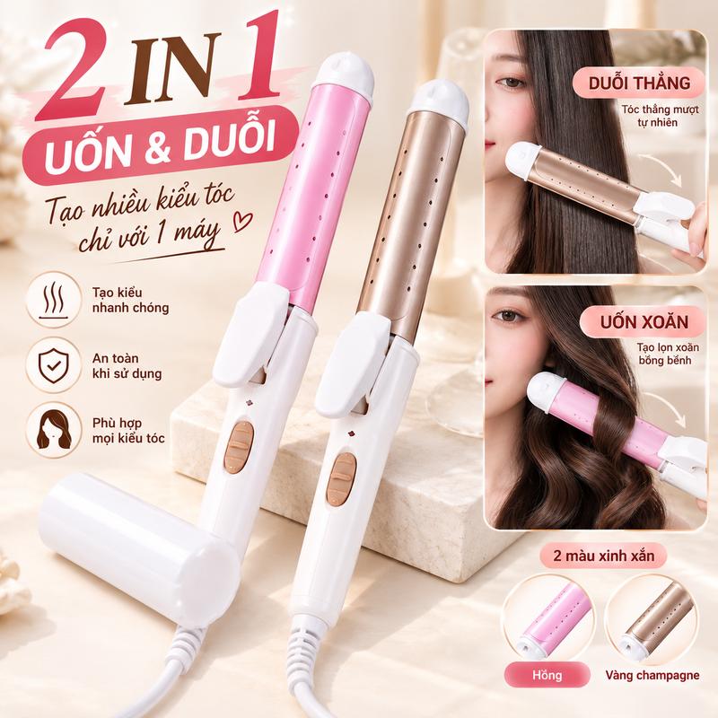 Máy uốn duỗi, máy duỗi uốn, máy tạo kiểu tóc đa năng 2 trong 1 hỗ trợ làm thẳng hoặc tạo độ xoăn độ cong cho tóc thiết kế tiện dụng cho nhu cầu tạo kiểu hằng ngày This 2-in-1 hair straightener, curler, and styling tool helps straighten or curl hair