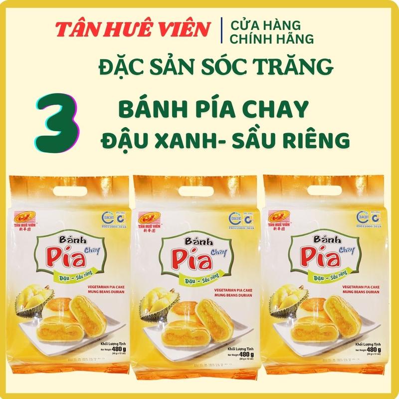 [TÂN HUÊ VIÊN] COMBO 3 TÚI BÁNH PÍA CHAY ĐẬU XANH SẦU RIÊNG (36 BÁNH) - KHÔNG TRỨNG,TÚI/480g (40g X 12) Ăn Vặt , Ăn Chay , Bánh Chay , Food Cake