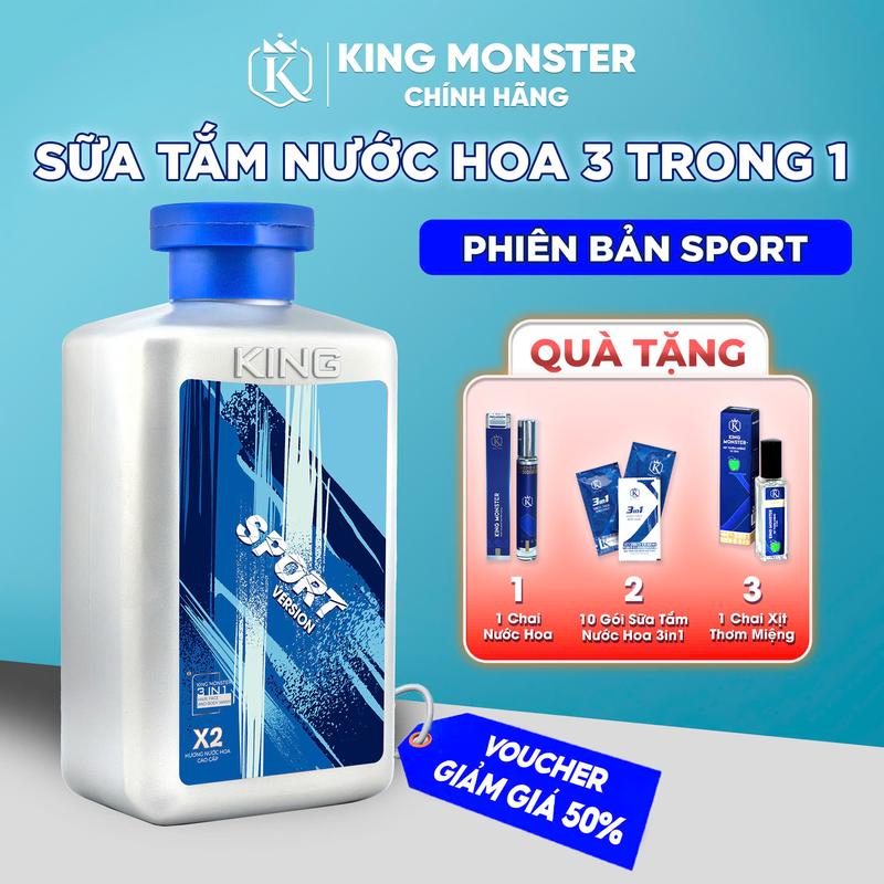 <King Monste Sport >Dầu Gội, Sữa tắm, rửa mặt 3in1 dưỡng thể phiên bản Sport ( quà tặng nước hoa , xịt thơm miệng, dây 10 gói )