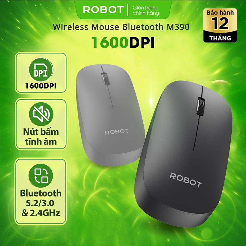  Chuột Quang Không Dây Tĩnh Âm ROBOT M390 Màu Đen  Màu Xám 1600 DPI Bluetooth 2.4 GHZ 