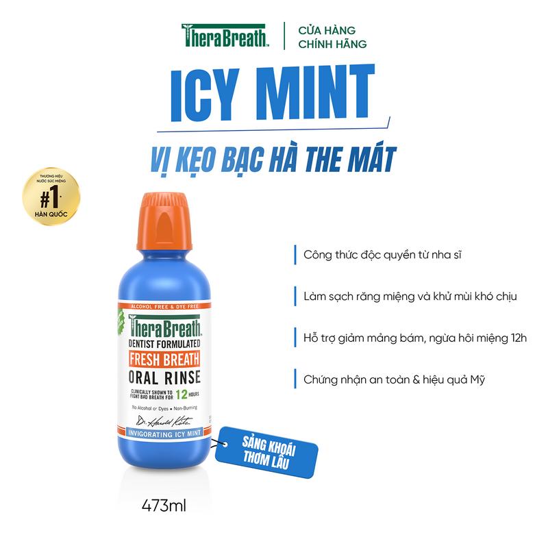  TheraBreath Nước Súc Miệng Không Cồn 473ml - Vị kẹo bạc hà Icy Mint - Làm sạch và thơm miệng 12h 