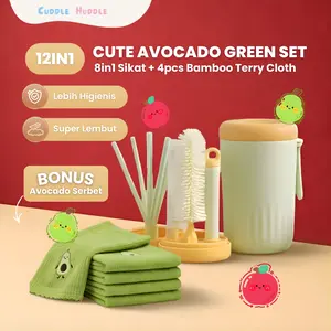 {12pcs all in one avocado cute} 8in1baru V2 cuddlehuddle8in1 sikat travel& MultifungsiSet| BPA free HIjau Eksklusif | sikat Praktis&Portable Anti-bacteria| Alat Pembersih Botol Multifungsi Pembersih Botol Susu dan Dot Bayi