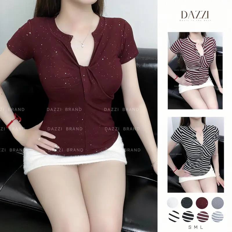 Áo thun nữ hoạ tiết kẻ sọc và kim tuyến cổ V xoắn vạt bầu vải cotton mịn DAZZI Women A059 | BigBuy360 - bigbuy360.vn Áo thun nữ hoạ tiết kẻ sọc và kim tuyến cổ V xoắn vạt bầu vải cotton mịn DAZZI Women A059 | BigBuy360 - bigbuy360.vn