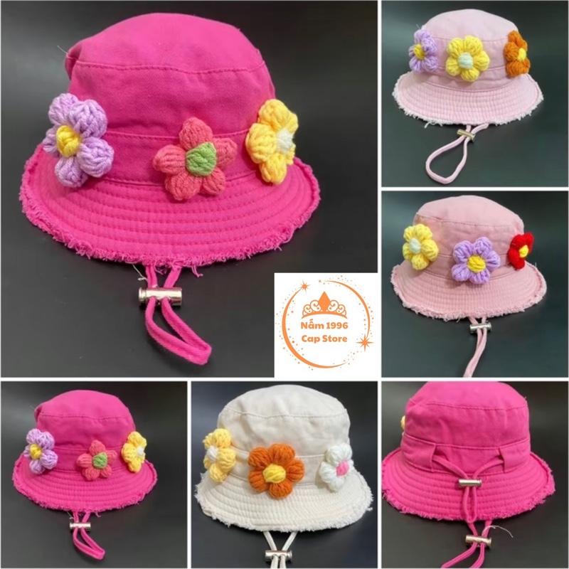 [6 tháng tới 5 tuổi] Mũ bucket vành tròn tua rua đính charm Hoa len nhiều màu sắc cho Bé Gái xinh xắn - dây rút phía sau điều chỉnh size -Hat Nón- Chamr Hoa ngẫu nhiên