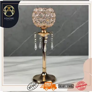ASHOME Tempat Lilin Kristal Gold dengan Gantungan Kristal Ukuran Large / Tempat Lilin Krsital Emas / Tempat Lilin Kristal Mewah / Tempat Lilin Kristal / Elegant Crystal Standing Candle Holder